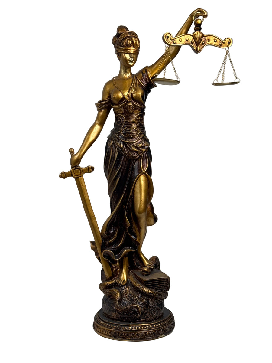 Escultura de la Dama Justicia – Símbolo de Ley y Equidad (Grande, Acabado Latón Oscuro)