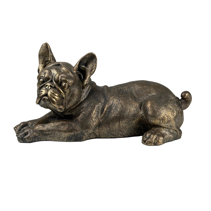 Estatua de Bulldog Encantador – Bulldog Francés Acostado (Acabado en Bronce)