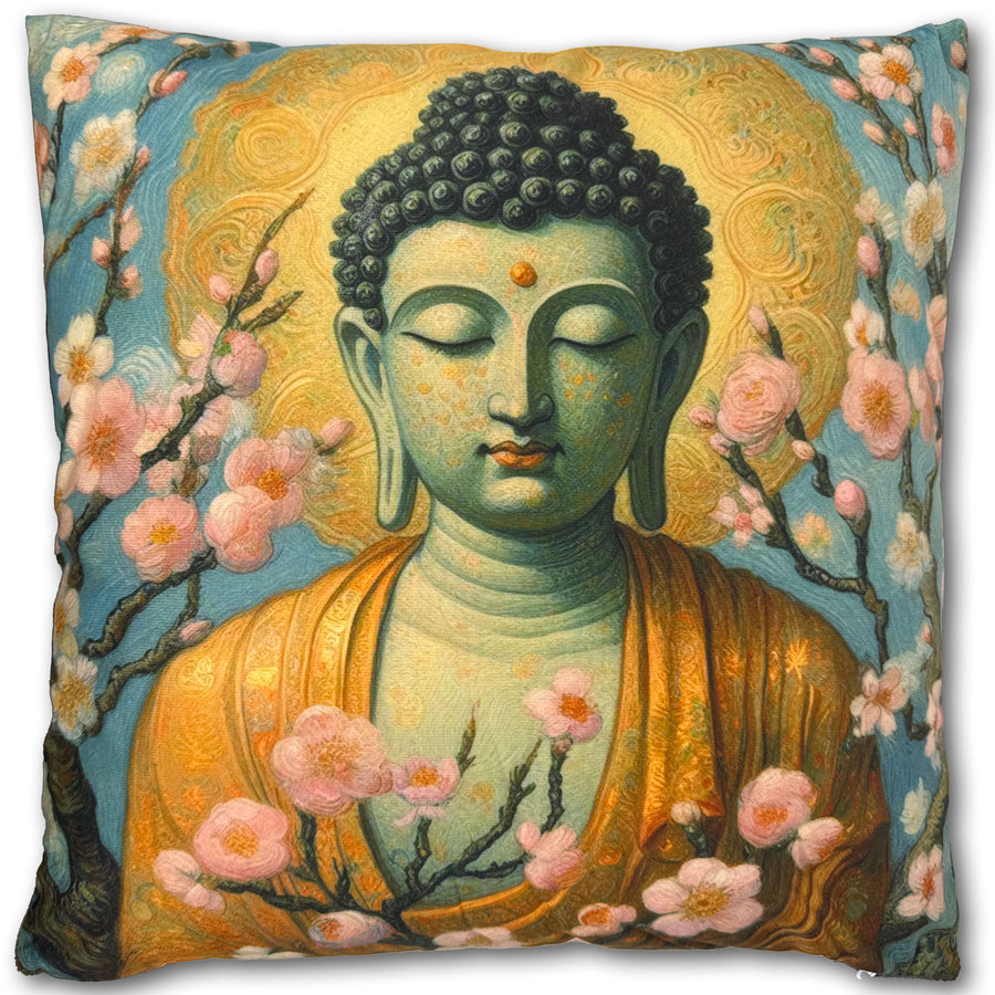Funda de Cojín Buda con Flores de Cerezo (Almohada de Meditación Zen)