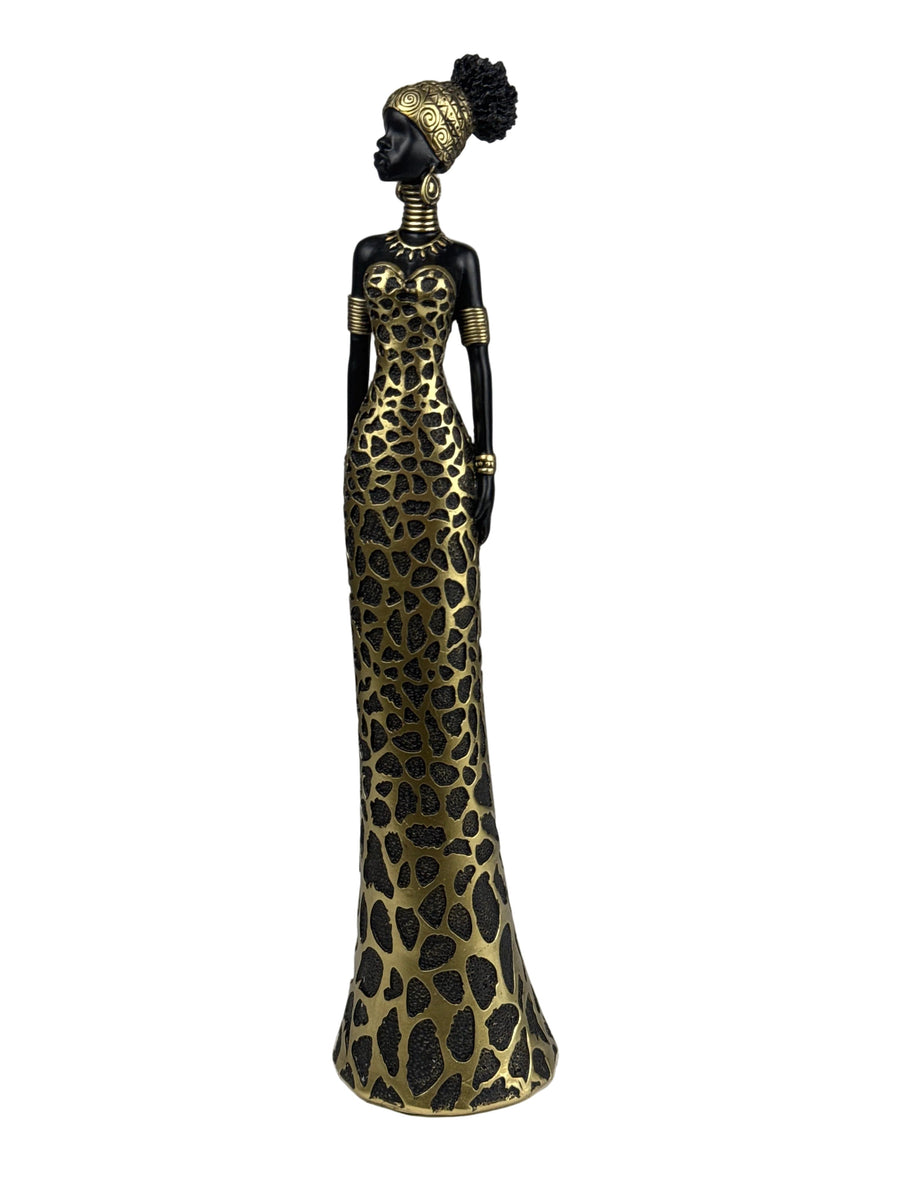 Estatua de Mujer Africana con Vestido de Leopardo Elegante
