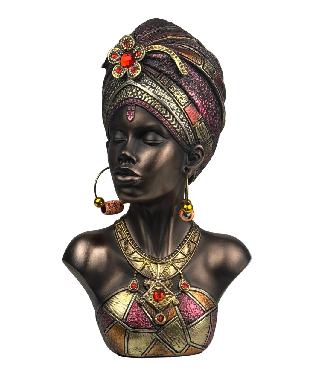Busto de Reina Africana con Tocado y Joyas (Acabado en Bronce)