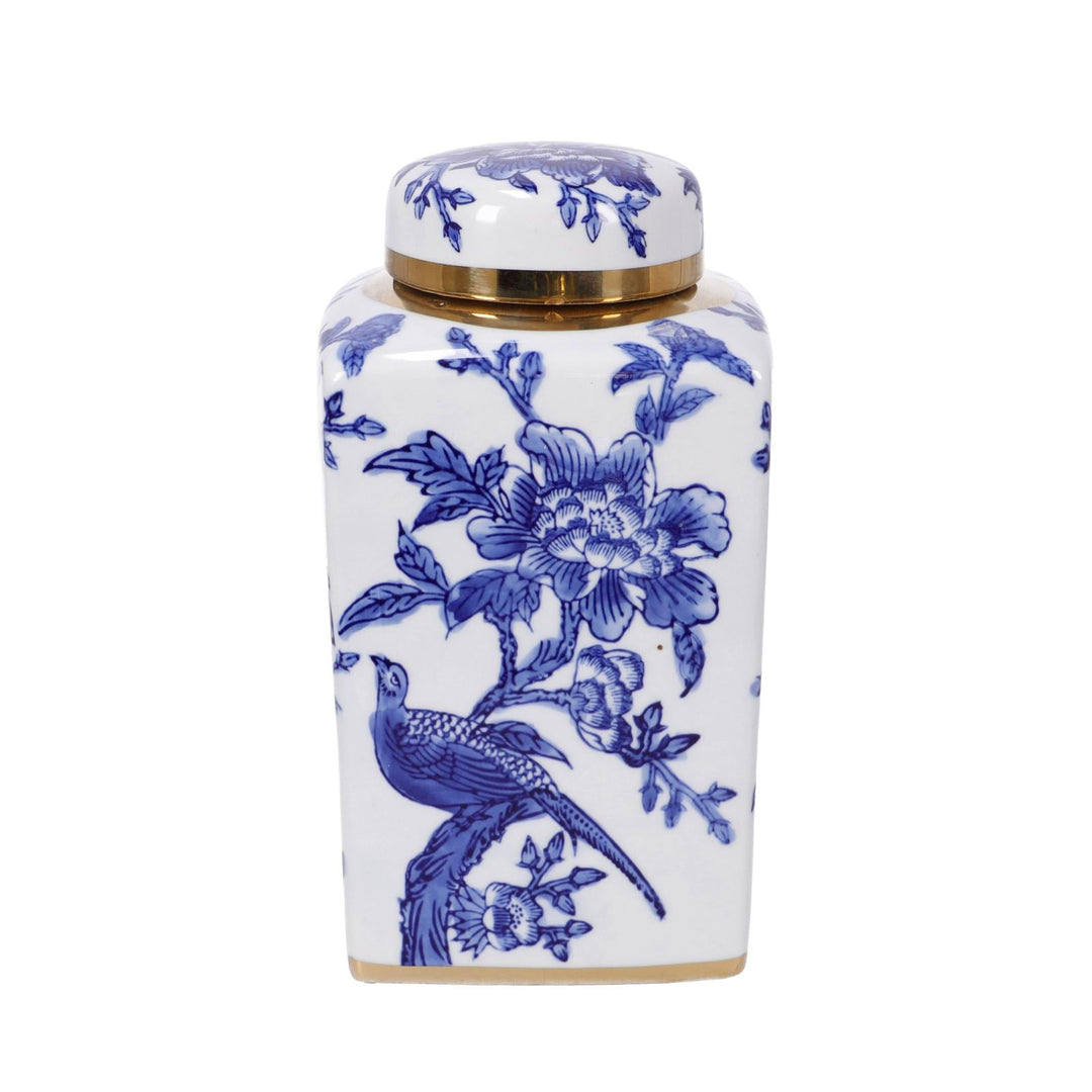 Tibor de porcelana floral azul y blanco con borde dorado