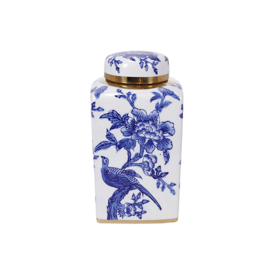 Tibor de porcelana floral azul y blanco con borde dorado