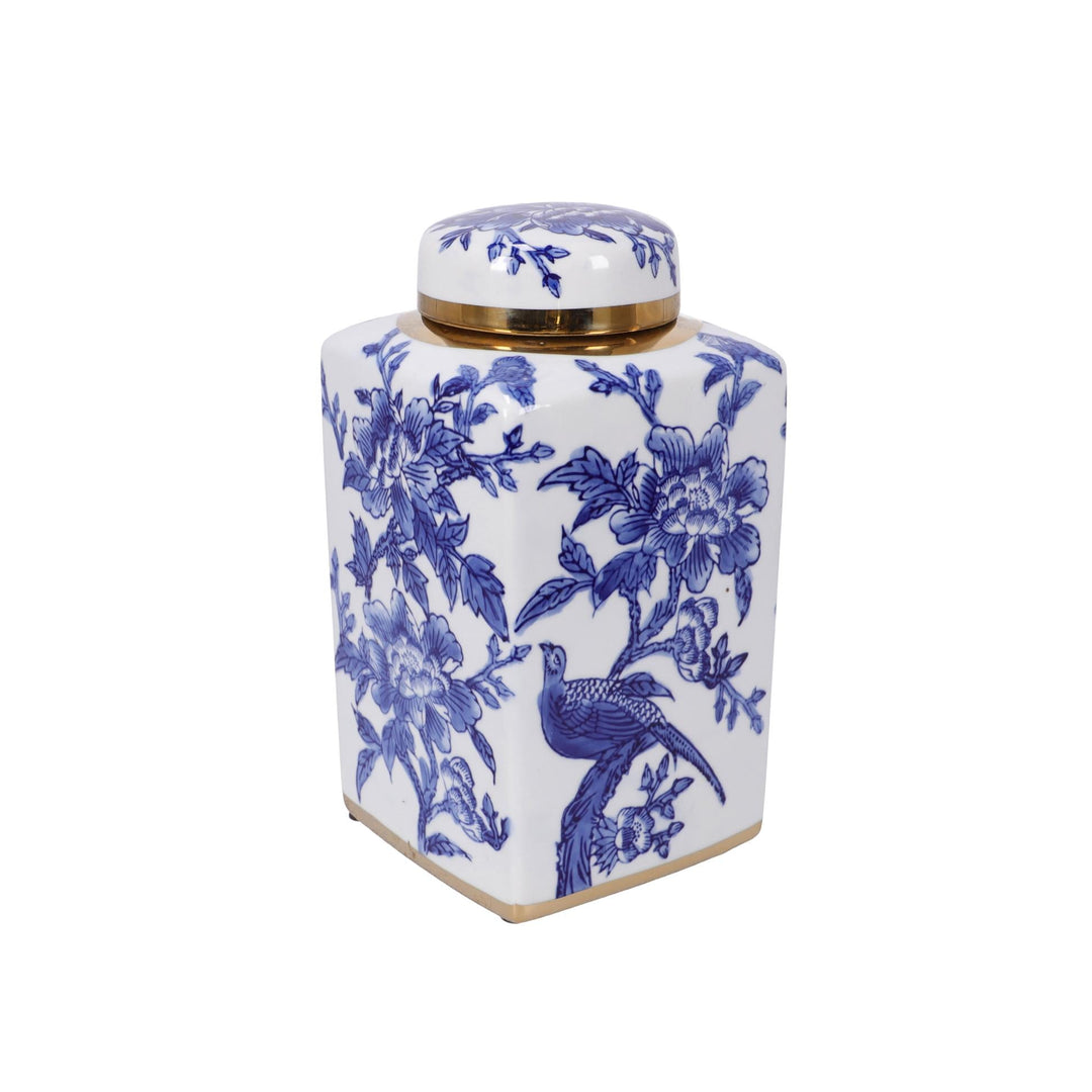 Tibor de porcelana floral azul y blanco con borde dorado