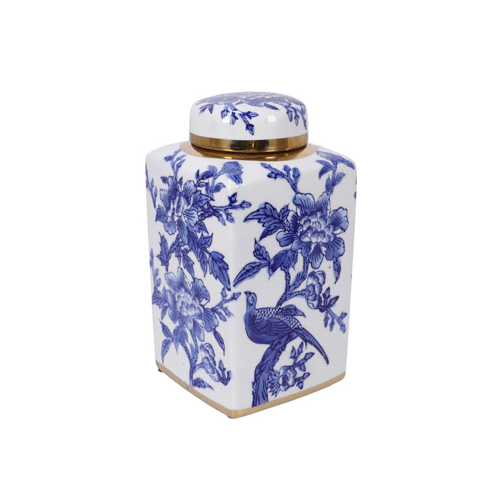 Tibor de porcelana floral azul y blanco con borde dorado