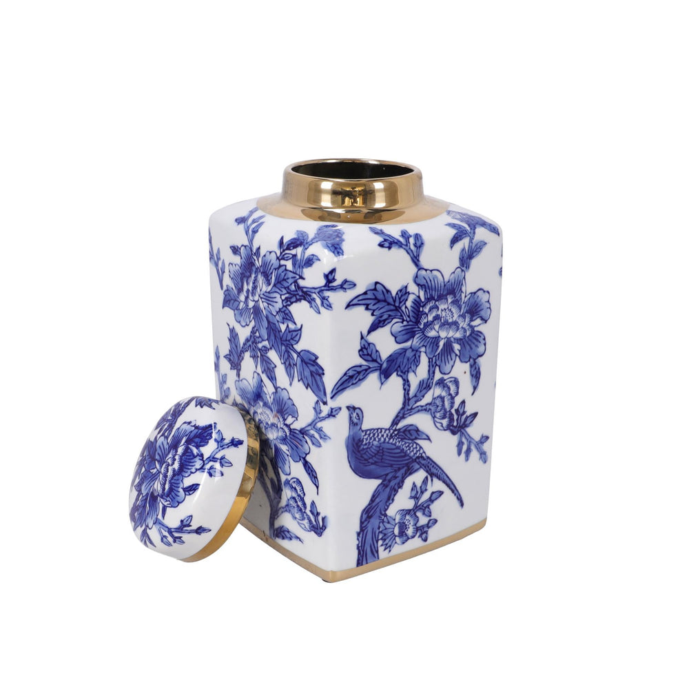 Tibor de porcelana floral azul y blanco con borde dorado