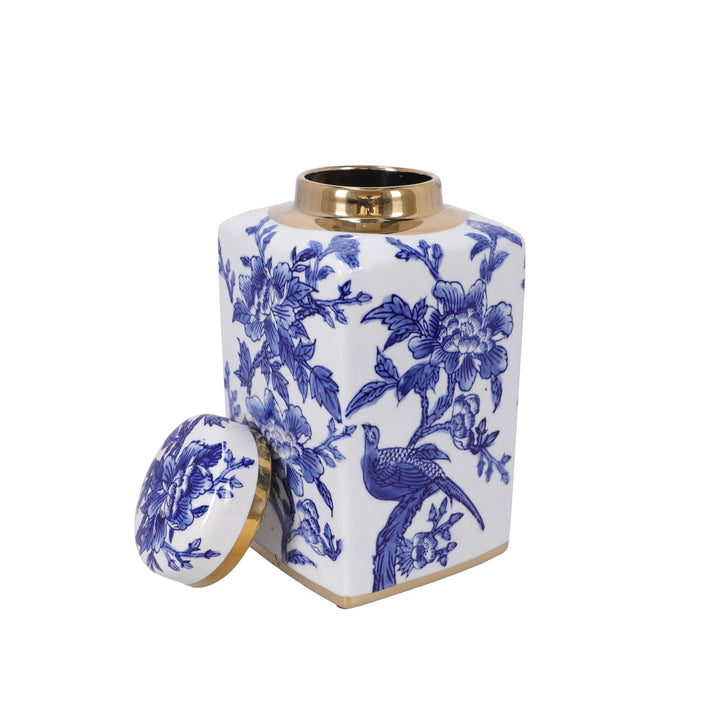 Tibor de porcelana floral azul y blanco con borde dorado