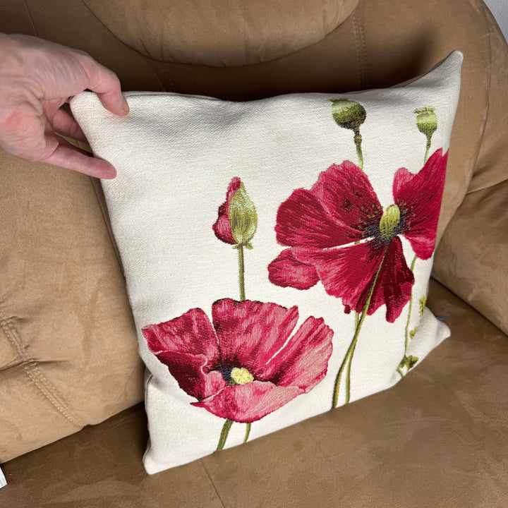 Cojín blanco – amapolas rojas (tejido jacquard)