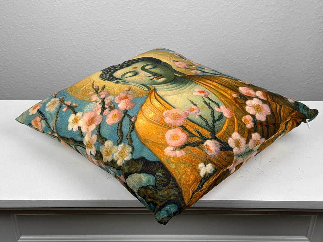 Funda de Cojín Buda con Flores de Cerezo (Almohada de Meditación Zen)