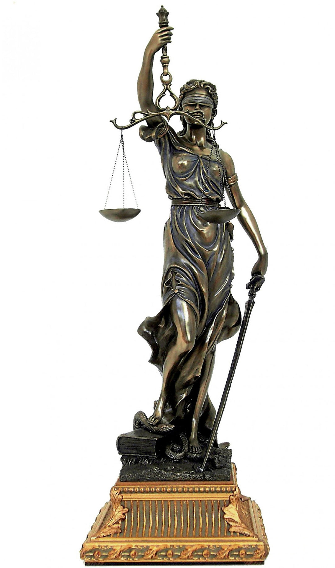 Escultura de la Dama Justicia – Themis con Base de Madera Dorada (Grande, Estatua de Bronce en Frío)