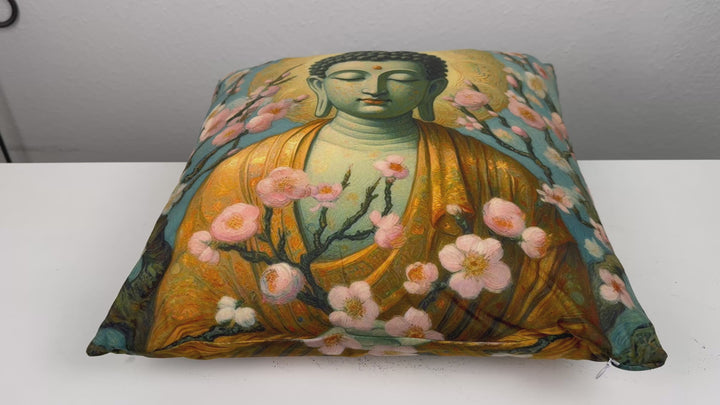 Funda de Cojín Buda con Flores de Cerezo (Almohada de Meditación Zen)